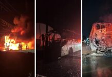 Ônibus pega fogo no centro de Bom Sucesso e fica completamente destruído